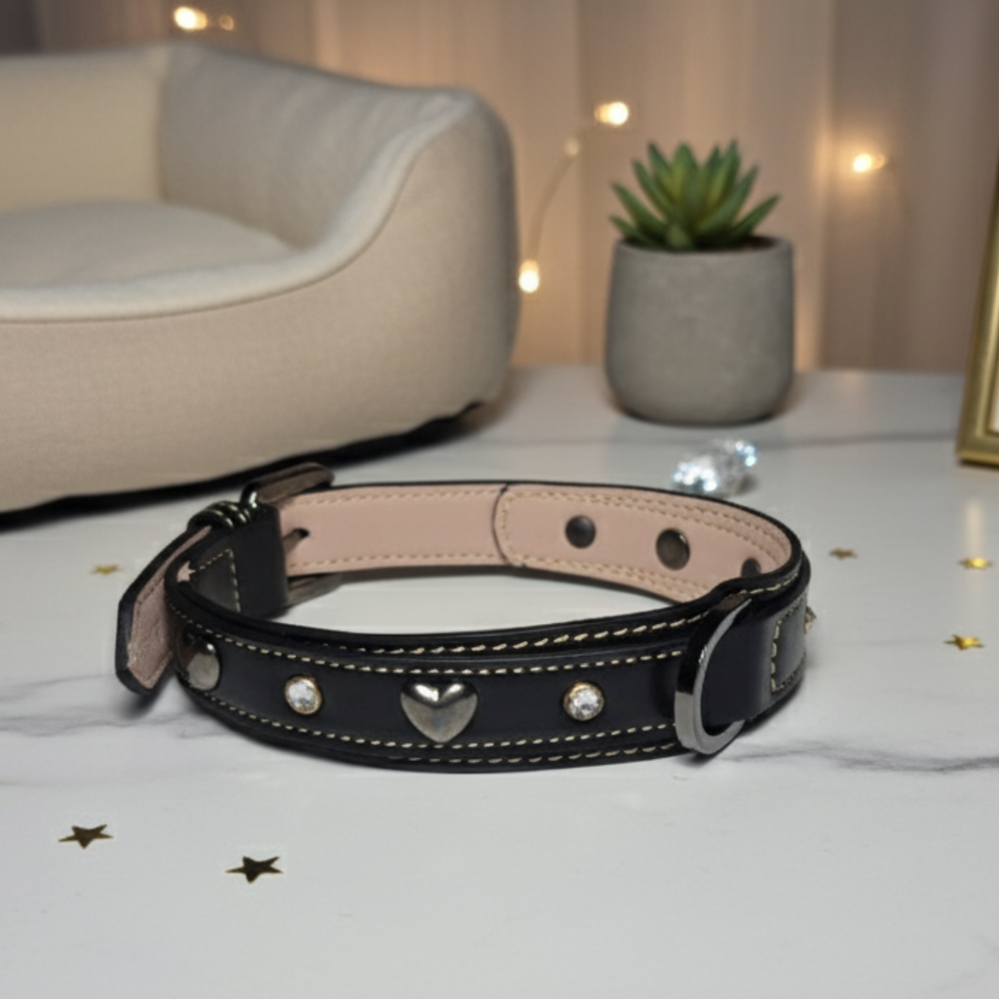 Set Collare con Cristalli e Guinzaglio in Pelle per Cani